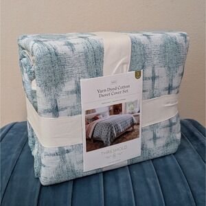 New Threshold Yarn Dye Ikat Duvet Cover and Sham Set 100% Cotton Blue King